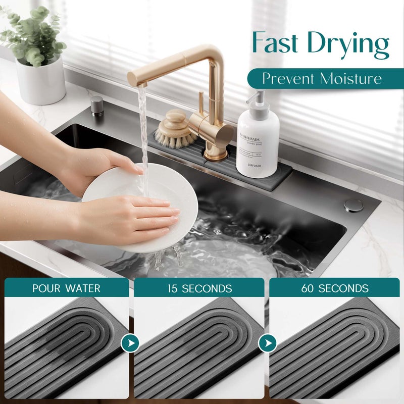 eormoe Diatomite Kitchen Faucet Mat - 14Inch Water Absorbing Stone Tray for Sink, Stone Fast-Drying Faucet Mat for Kitchen Counter Sink Accessories (Dark Grey, 14'' x 3.9'') - Image 3